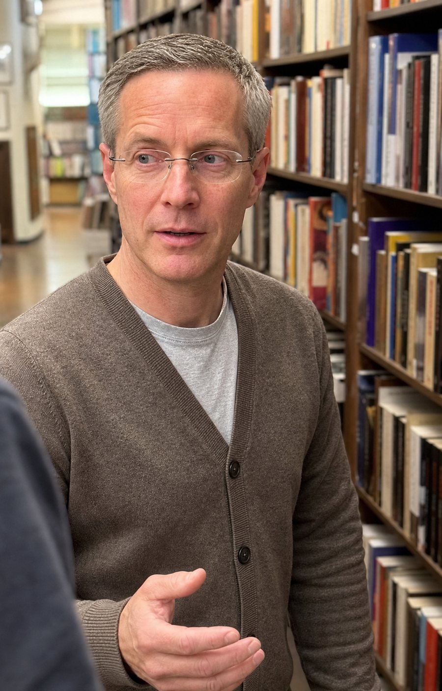 Tyson Asper among the shelves of a bookshop